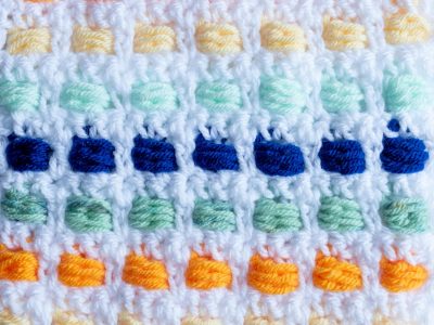 flat lay of a colorful piece of boxed bead stitch crochet