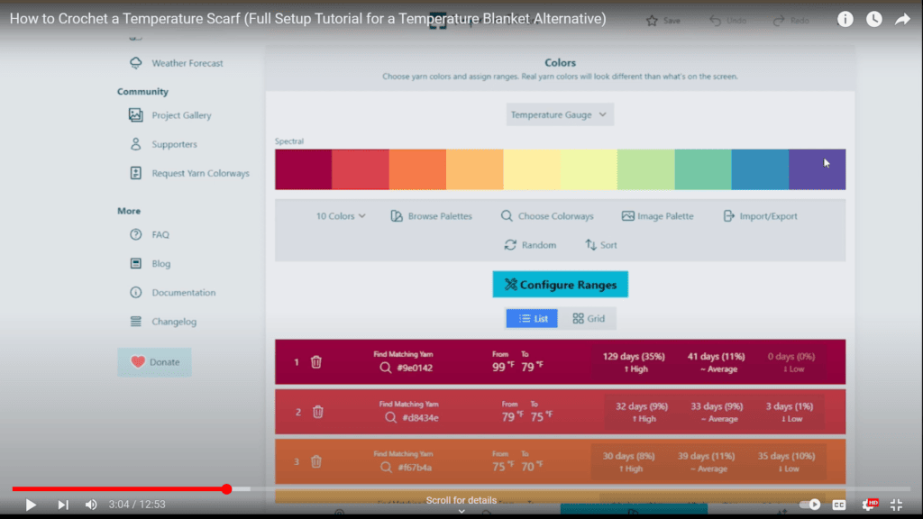 Screenshot of a temperature project(temperature scarf) planning process where default colors are shown